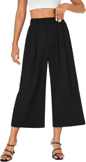 Vrtige Women's Casual High Waist Pleated Wide Leg Cropped Pants Trousers with Pocket