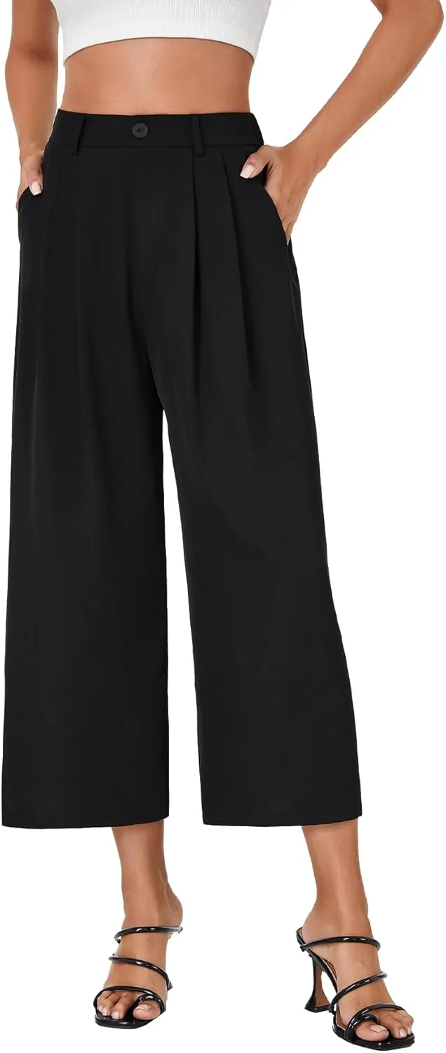 Vrtige Women's Casual High Waist Pleated Wide Leg Cropped Pants Trousers with Pocket