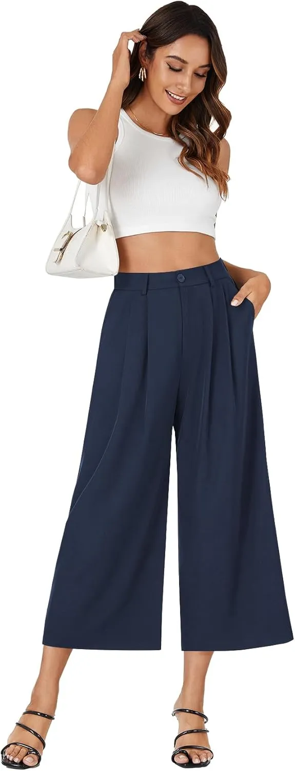 Vrtige Women's Casual High Waist Pleated Wide Leg Cropped Pants Trousers with Pocket