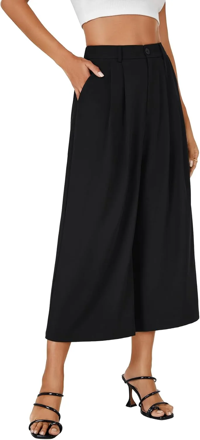 Vrtige Women's Casual High Waist Pleated Wide Leg Cropped Pants Trousers with Pocket
