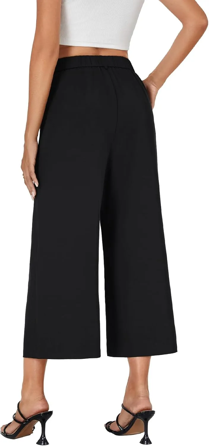 Vrtige Women's Casual High Waist Pleated Wide Leg Cropped Pants Trousers with Pocket