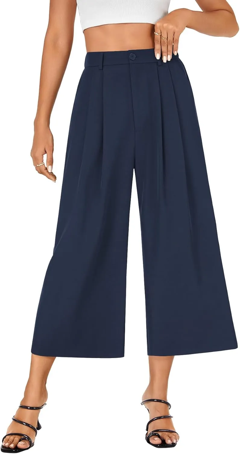 Vrtige Women's Casual High Waist Pleated Wide Leg Cropped Pants Trousers with Pocket
