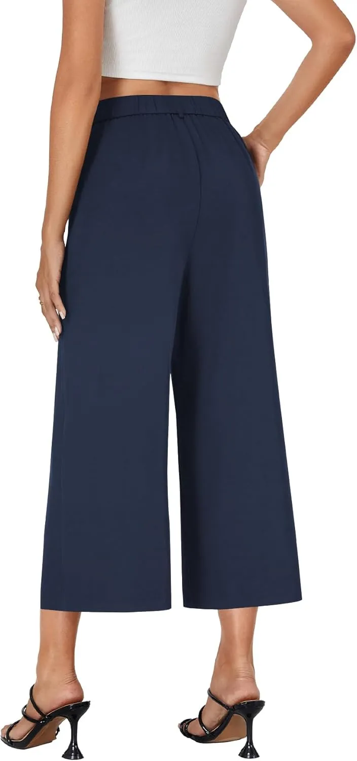 Vrtige Women's Casual High Waist Pleated Wide Leg Cropped Pants Trousers with Pocket