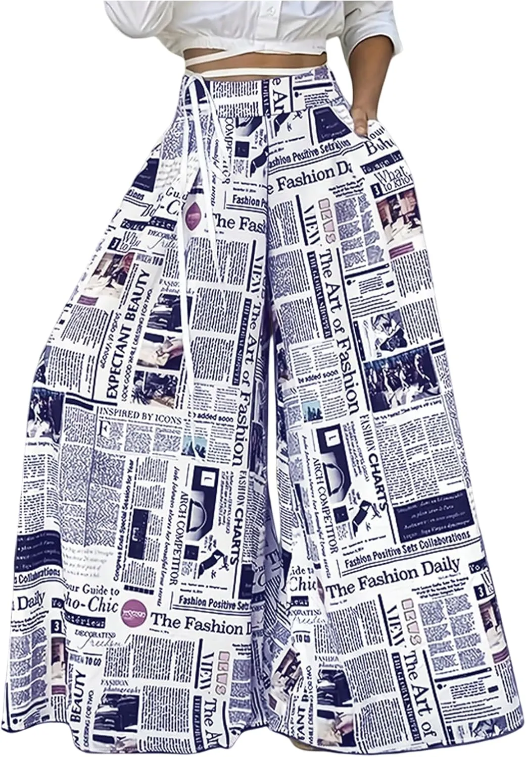 WDIRARA Women's Newspaper Print Wide Leg Pants Elastic Waist Loose Funky Letter Print Palazzo Pants