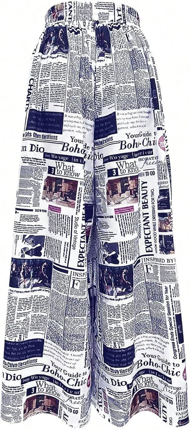 WDIRARA Women's Newspaper Print Wide Leg Pants Elastic Waist Loose Funky Letter Print Palazzo Pants