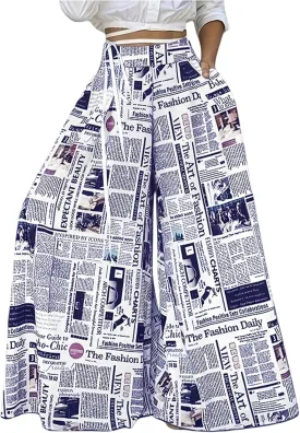 WDIRARA Women's Newspaper Print Wide Leg Pants Elastic Waist Loose Funky Letter Print Palazzo Pants