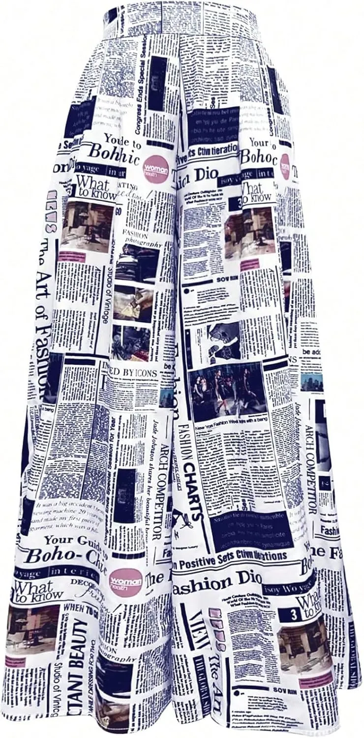 WDIRARA Women's Newspaper Print Wide Leg Pants Elastic Waist Loose Funky Letter Print Palazzo Pants