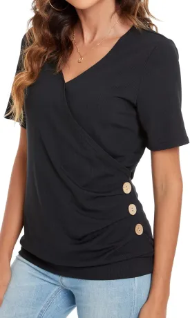 WEIYAN Women's V Neck Wrap Tops Summer Short Sleeve T-Shirt Loose Side Ruched Tunic Blouses