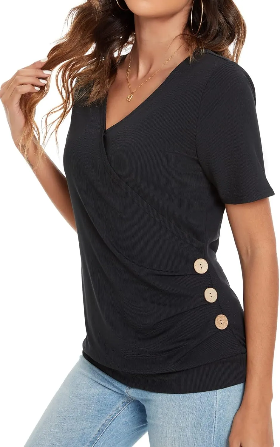 WEIYAN Women's V Neck Wrap Tops Summer Short Sleeve T-Shirt Loose Side Ruched Tunic Blouses