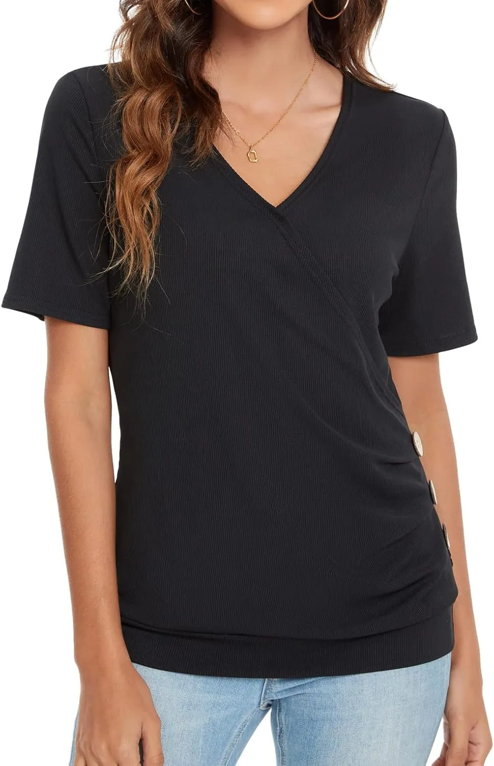 WEIYAN Women's V Neck Wrap Tops Summer Short Sleeve T-Shirt Loose Side Ruched Tunic Blouses