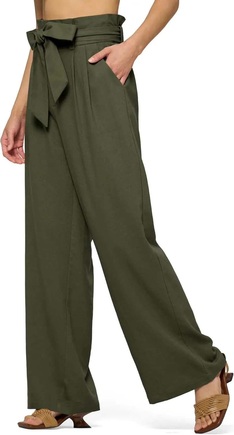 Willit Women Linen Pants Casual Wide Leg Dress Pants High Waisted Paperbag Work Trousers Summer Tie Knot Pockets 28"/30"/32''