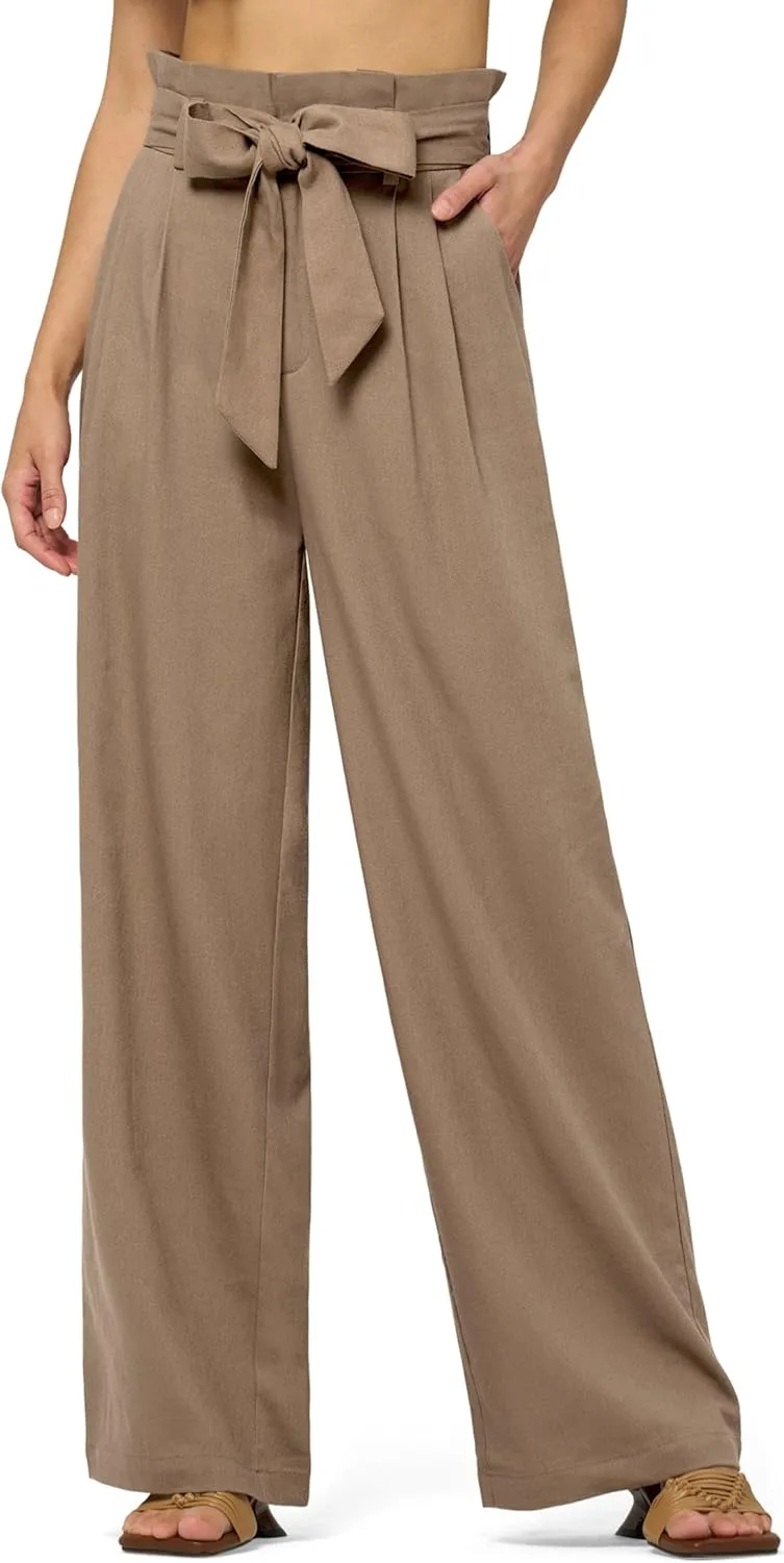 Willit Women Linen Pants Casual Wide Leg Dress Pants High Waisted Paperbag Work Trousers Summer Tie Knot Pockets 28"/30"/32''