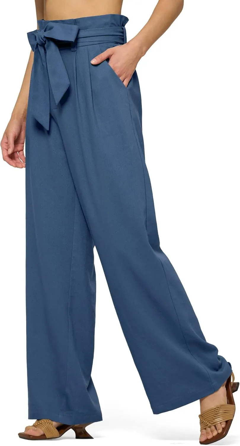 Willit Women Linen Pants Casual Wide Leg Dress Pants High Waisted Paperbag Work Trousers Summer Tie Knot Pockets 28"/30"/32''