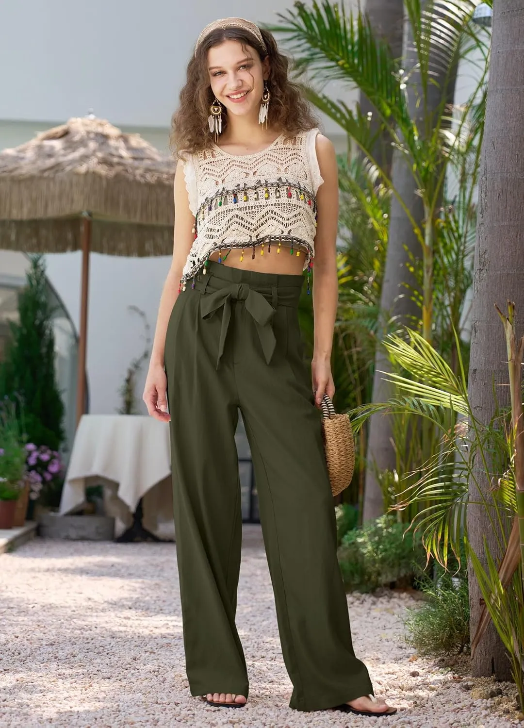 Willit Women Linen Pants Casual Wide Leg Dress Pants High Waisted Paperbag Work Trousers Summer Tie Knot Pockets 28"/30"/32''