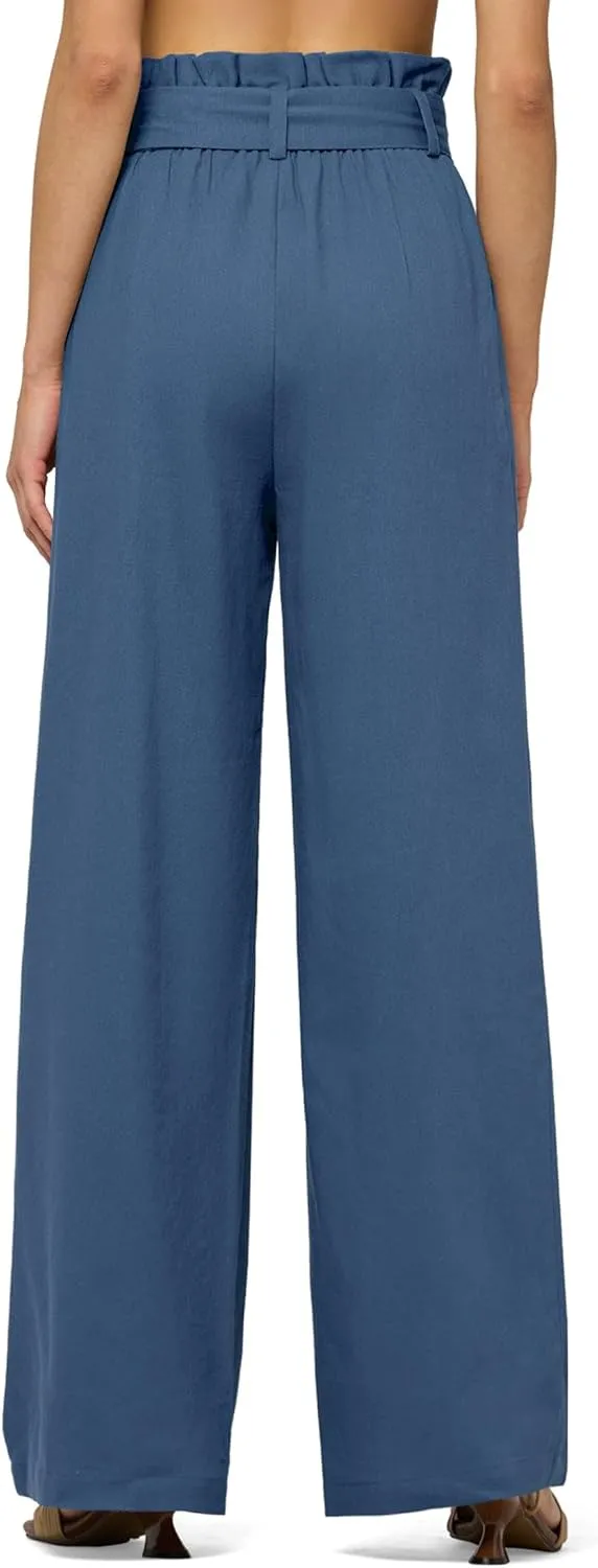 Willit Women Linen Pants Casual Wide Leg Dress Pants High Waisted Paperbag Work Trousers Summer Tie Knot Pockets 28"/30"/32''