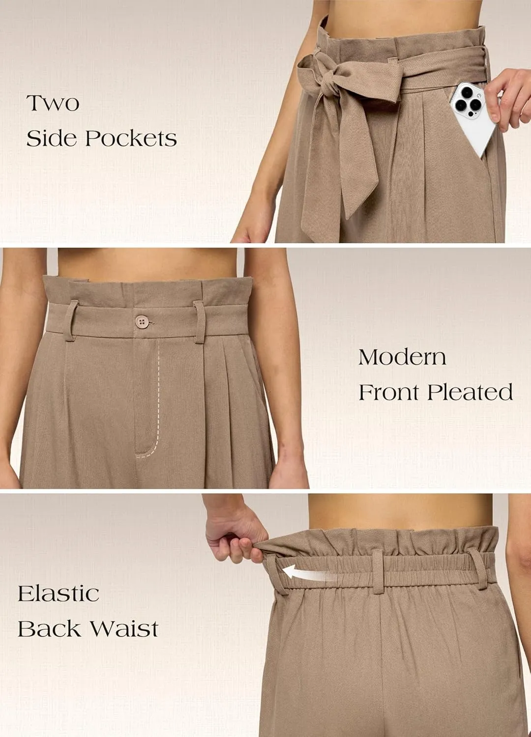 Willit Women Linen Pants Casual Wide Leg Dress Pants High Waisted Paperbag Work Trousers Summer Tie Knot Pockets 28"/30"/32''
