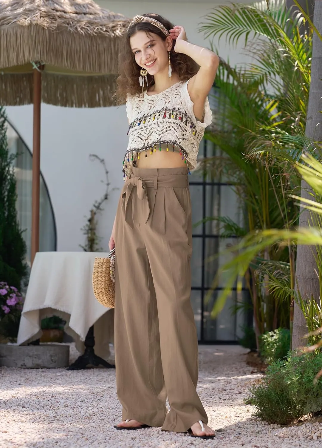 Willit Women Linen Pants Casual Wide Leg Dress Pants High Waisted Paperbag Work Trousers Summer Tie Knot Pockets 28"/30"/32''
