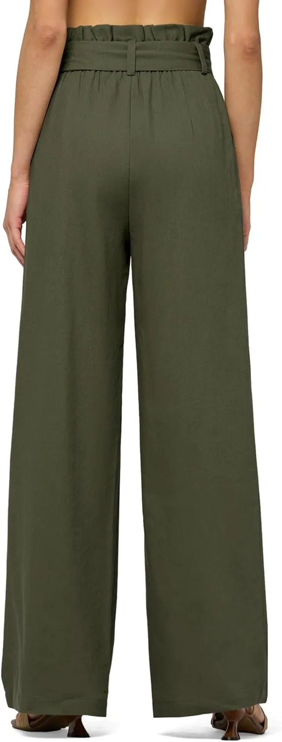 Willit Women Linen Pants Casual Wide Leg Dress Pants High Waisted Paperbag Work Trousers Summer Tie Knot Pockets 28"/30"/32''