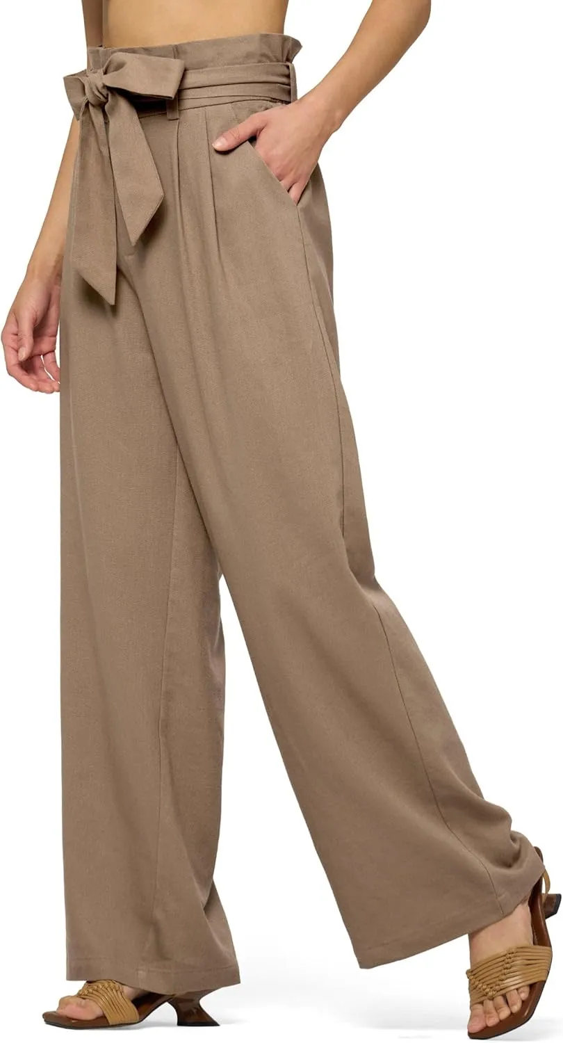Willit Women Linen Pants Casual Wide Leg Dress Pants High Waisted Paperbag Work Trousers Summer Tie Knot Pockets 28"/30"/32''