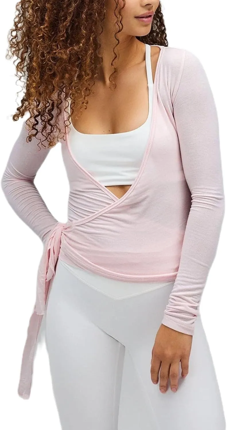 Women Ballet Wrap Top Y2K Long Sleeve Cross Tie Side Yoga Crop Top Deep V Neck Pilates Shirt Solid Workout Blouse