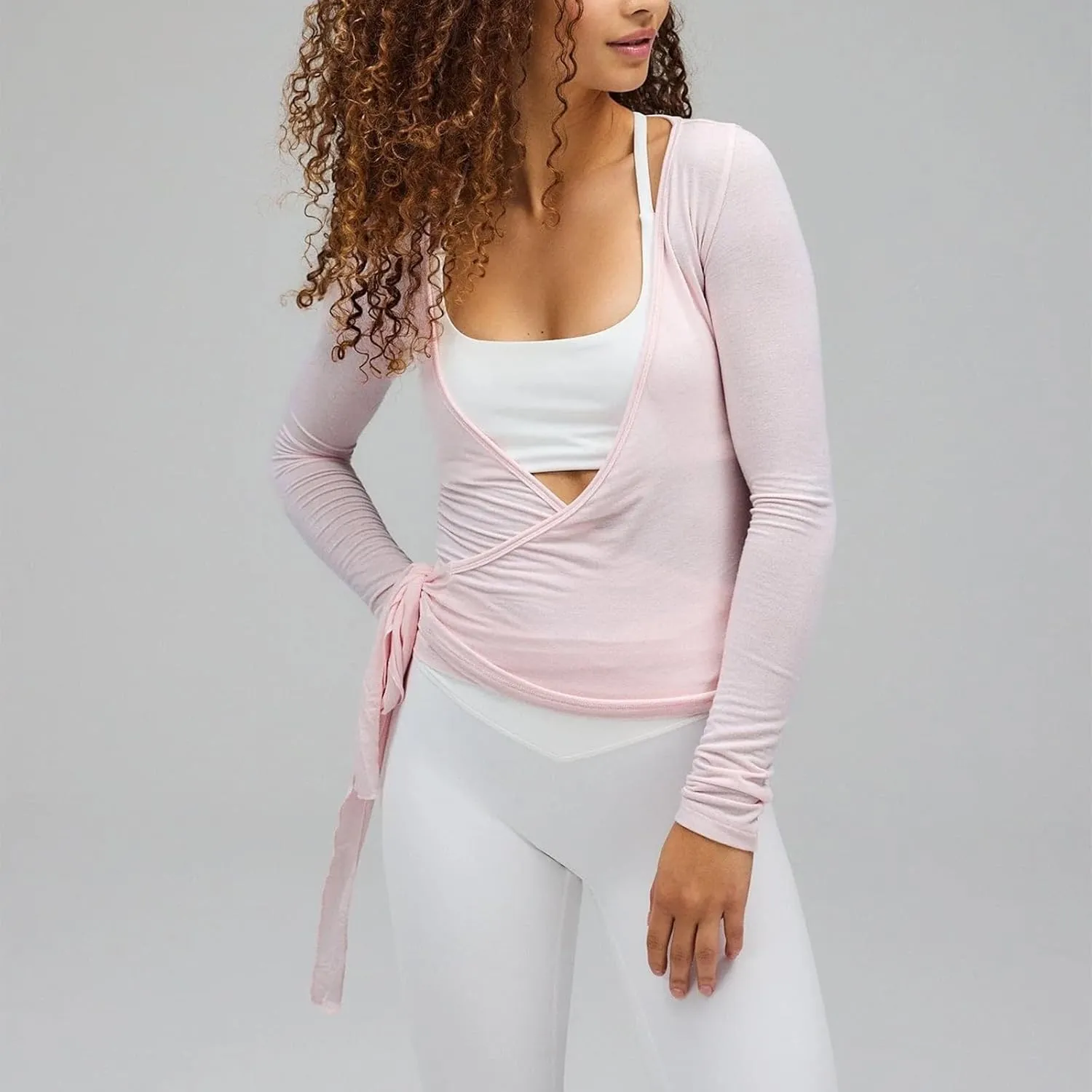Women Ballet Wrap Top Y2K Long Sleeve Cross Tie Side Yoga Crop Top Deep V Neck Pilates Shirt Solid Workout Blouse