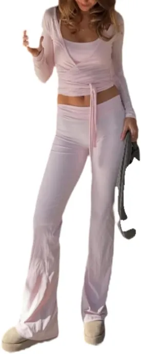 Women Ballet Wrap Tops Sets Athletic Pilates Tie Front Long Sleeve Shirt Sets Y2k Yoga Cross V Neck Fairy Blouse Sets
