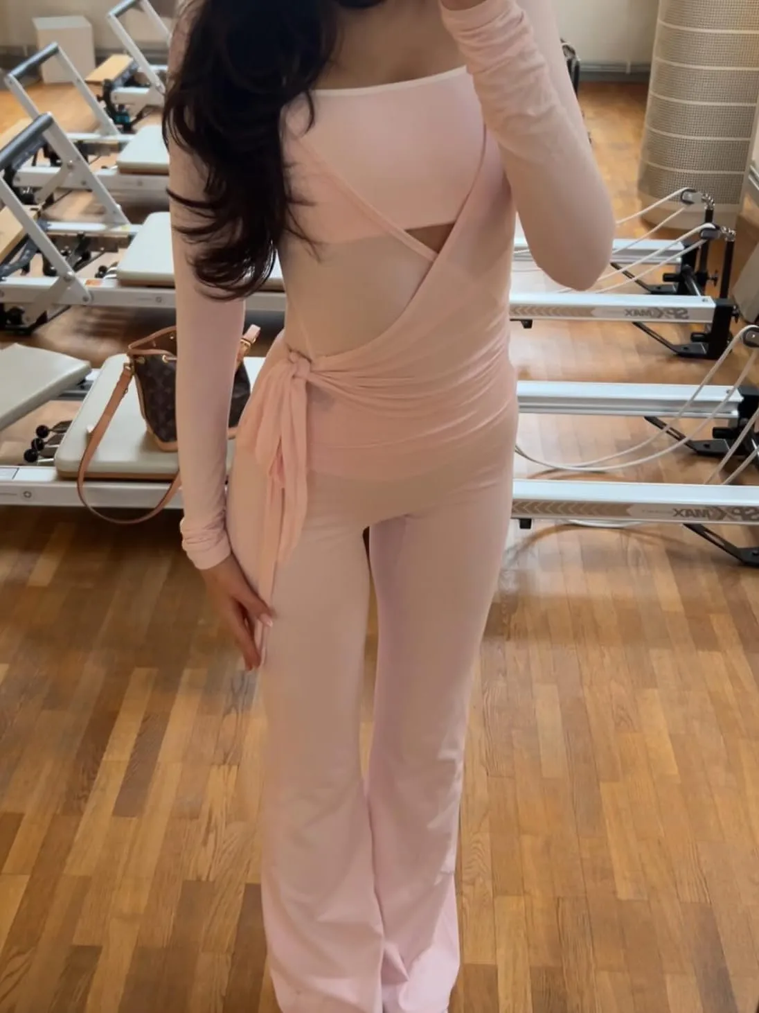Women Ballet Wrap Tops Sets Athletic Pilates Tie Front Long Sleeve Shirt Sets Y2k Yoga Cross V Neck Fairy Blouse Sets