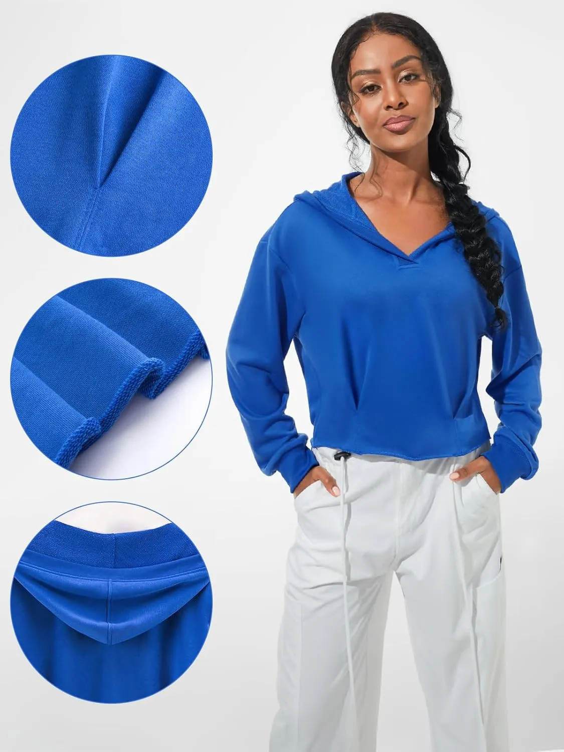 Women Cropped Hoodies Long Sleeve Crop Top Trendy Raw Edged Hem Ribbed Brim Hooded Sweatshirt Y2K Workout Pullover