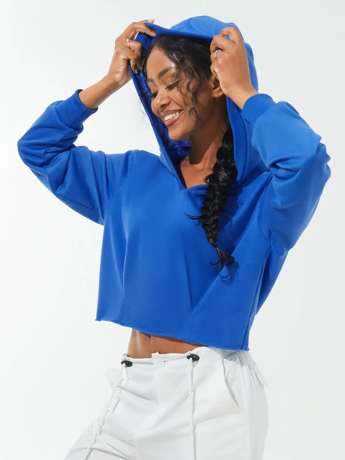 Women Cropped Hoodies Long Sleeve Crop Top Trendy Raw Edged Hem Ribbed Brim Hooded Sweatshirt Y2K Workout Pullover