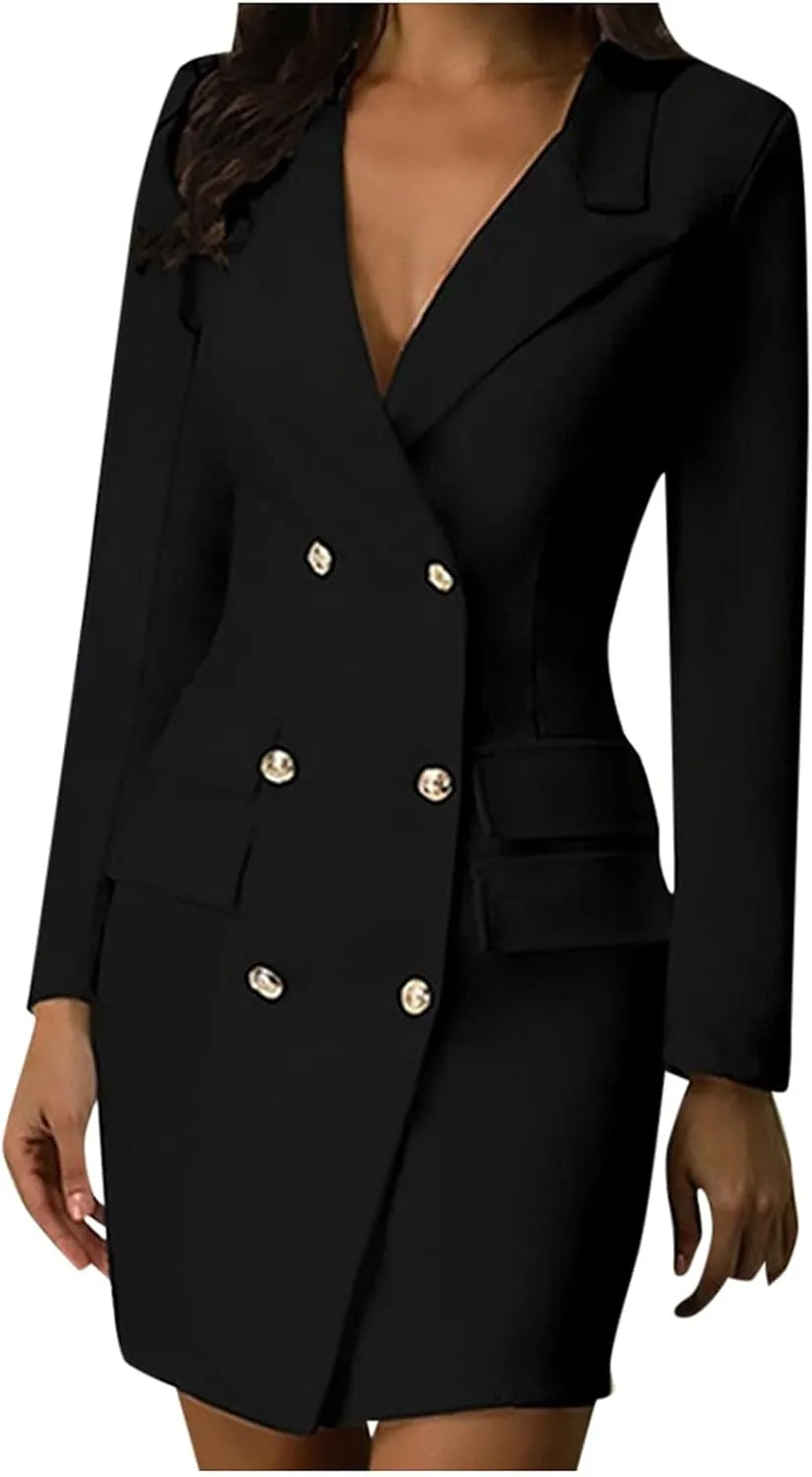 Women Elegant Notched Collar Double Breasted Over Coat Slim Wrap Dress Casual Long Sleeve Work Blazer Jackets Outerwear