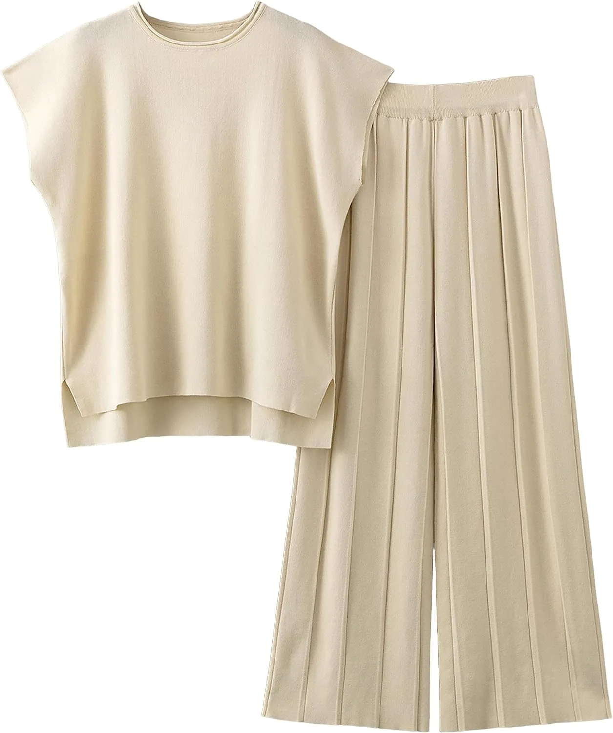 Women Knit 2 Piece Sweater Sets Pullover Tops High Waist Wide Leg Pants Lounge Set