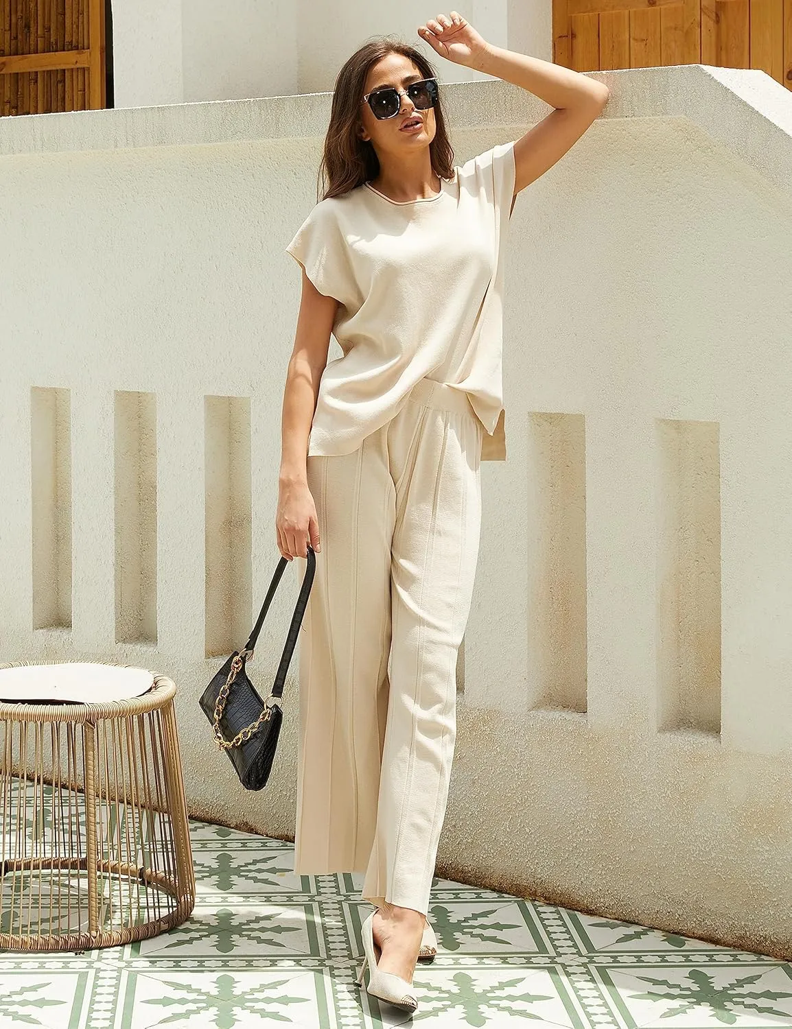 Women Knit 2 Piece Sweater Sets Pullover Tops High Waist Wide Leg Pants Lounge Set