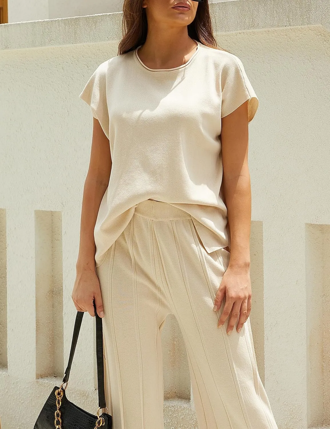 Women Knit 2 Piece Sweater Sets Pullover Tops High Waist Wide Leg Pants Lounge Set
