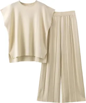 Women Knit 2 Piece Sweater Sets Pullover Tops High Waist Wide Leg Pants Lounge Set