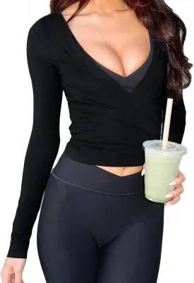 Women Pilates Wrap Top Workout Ballet Self Tie Shirt Long Sleeve Cross Sexy Deep V Neck Yoga Blouse