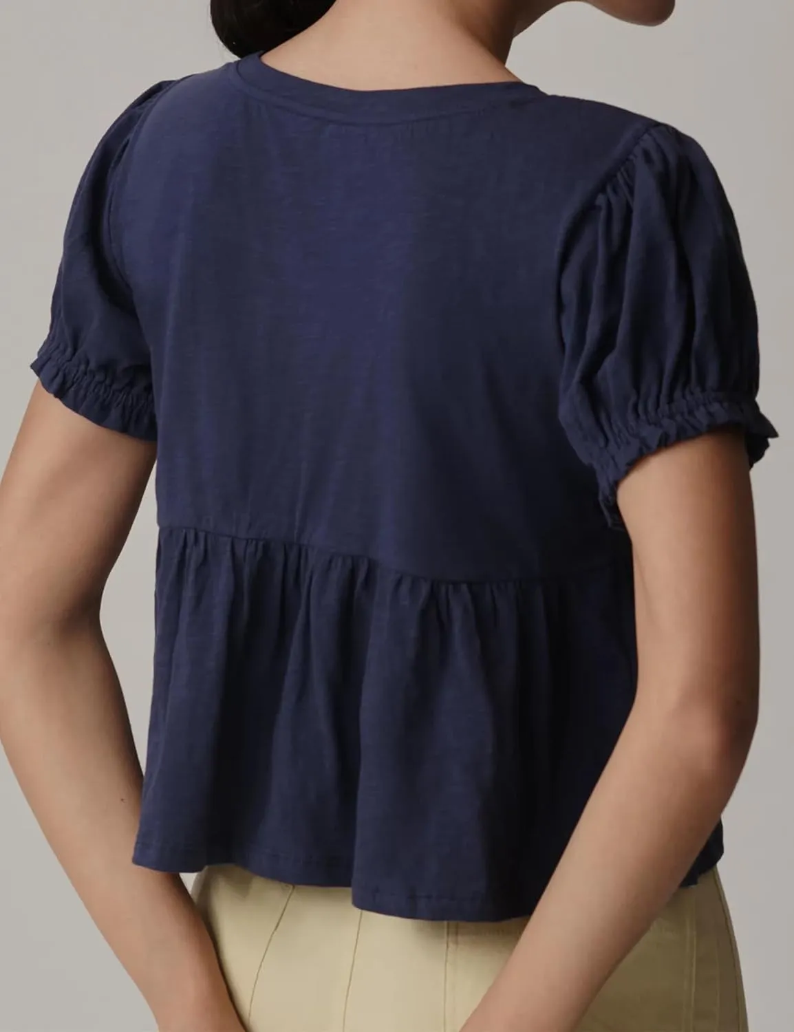 Women Puff Short Sleeve Tee Shirt Summer Casual Loose Fit Crew Neck Swing Crop Tops Shirt Blouse