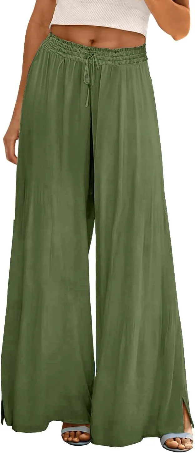 Women Summer Boho Palazzo Pants High Waist Wide Leg Flowy Pants Beach Drawstring Casual Side Slit Trousers Pockets