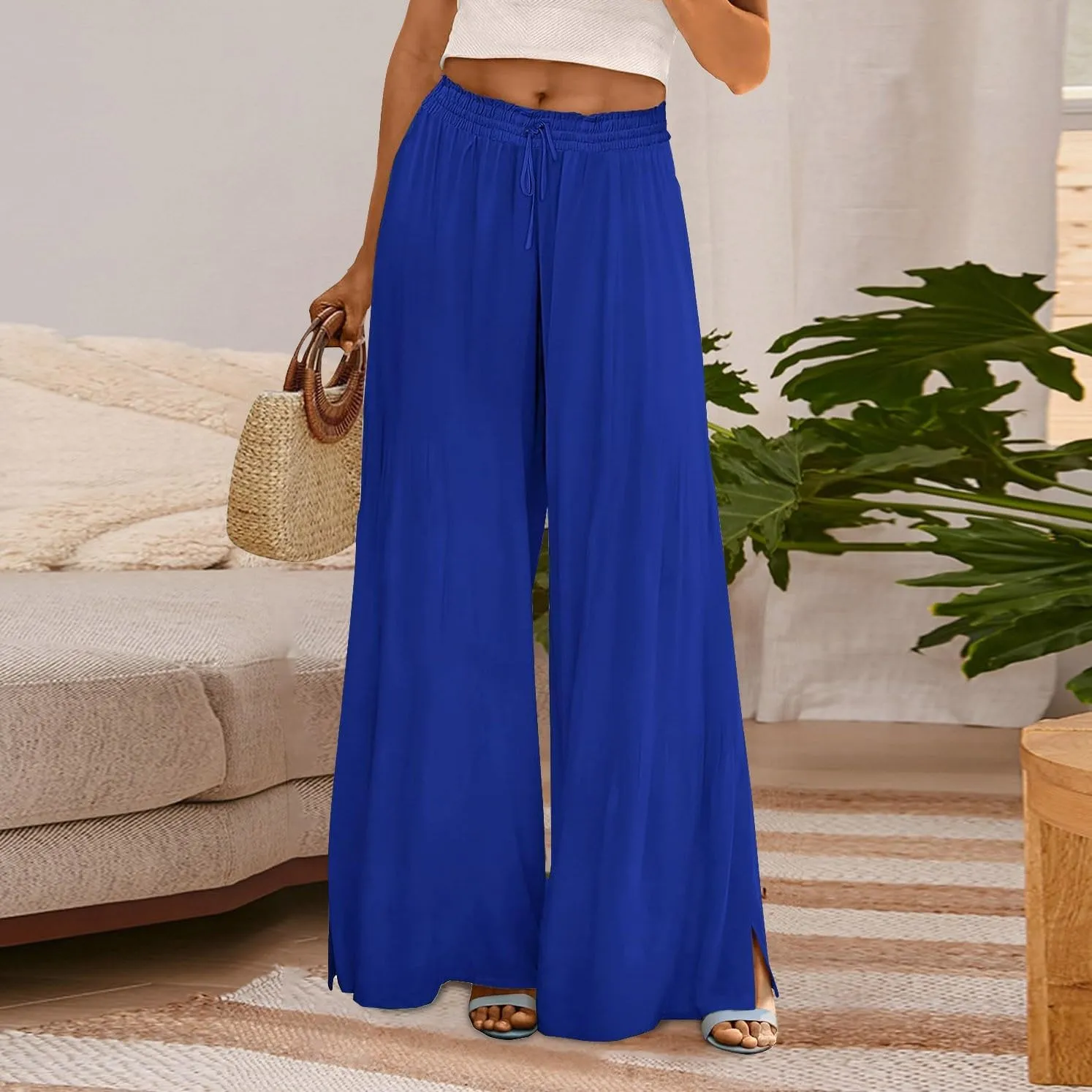 Women Summer Boho Palazzo Pants High Waist Wide Leg Flowy Pants Beach Drawstring Casual Side Slit Trousers Pockets