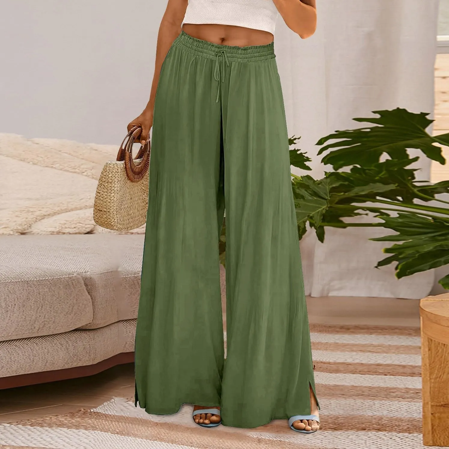 Women Summer Boho Palazzo Pants High Waist Wide Leg Flowy Pants Beach Drawstring Casual Side Slit Trousers Pockets