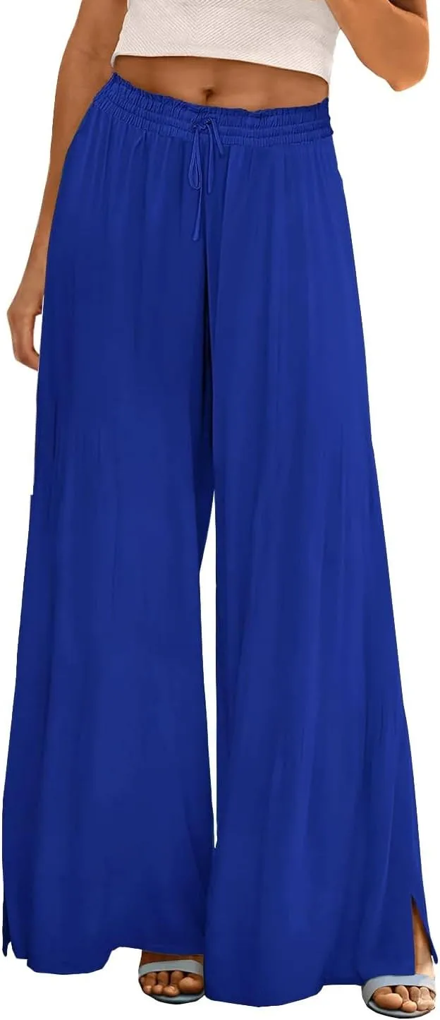 Women Summer Boho Palazzo Pants High Waist Wide Leg Flowy Pants Beach Drawstring Casual Side Slit Trousers Pockets