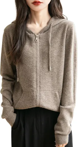 Women's 100% Merino Wool Zip Up Hoodies 2025 Fall Winter Warm Long Sleeve Knit Sweatshirt Cardigan with Pocket