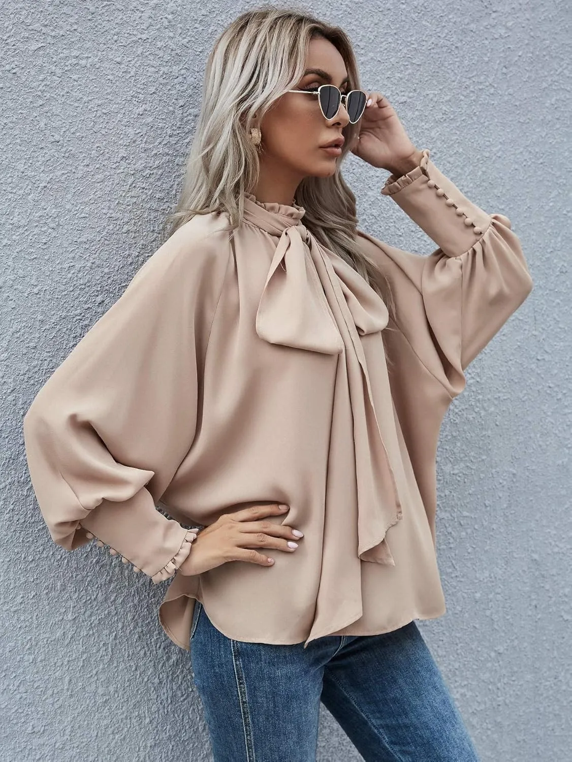 Women's Bow Tie Neck Chiffon Blouse Shirt Back Keyhole Casual Long Lantern Sleeve Mock Neck Solid Color Tops Tee