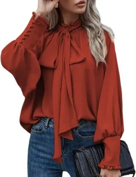 Women's Bow Tie Neck Chiffon Blouse Shirt Back Keyhole Casual Long Lantern Sleeve Mock Neck Solid Color Tops Tee