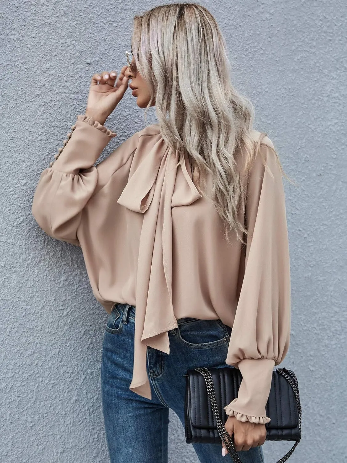 Women's Bow Tie Neck Chiffon Blouse Shirt Back Keyhole Casual Long Lantern Sleeve Mock Neck Solid Color Tops Tee