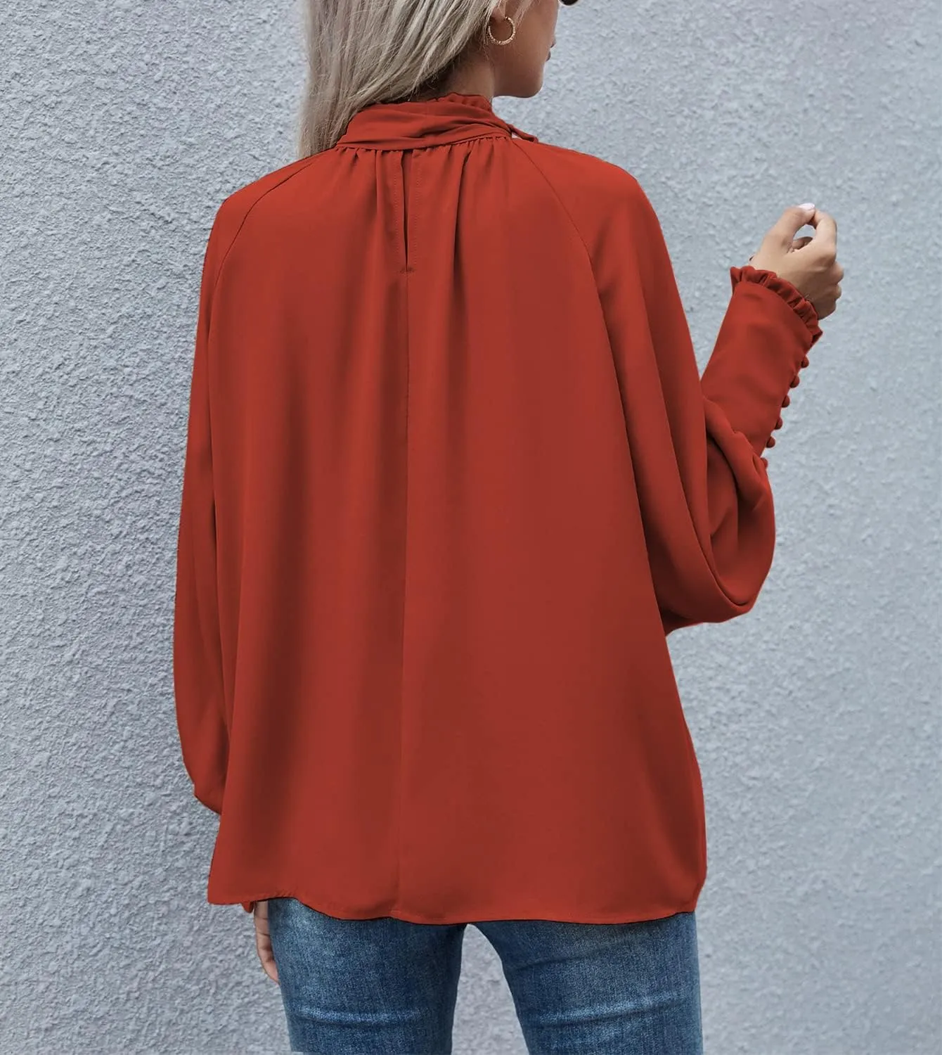 Women's Bow Tie Neck Chiffon Blouse Shirt Back Keyhole Casual Long Lantern Sleeve Mock Neck Solid Color Tops Tee
