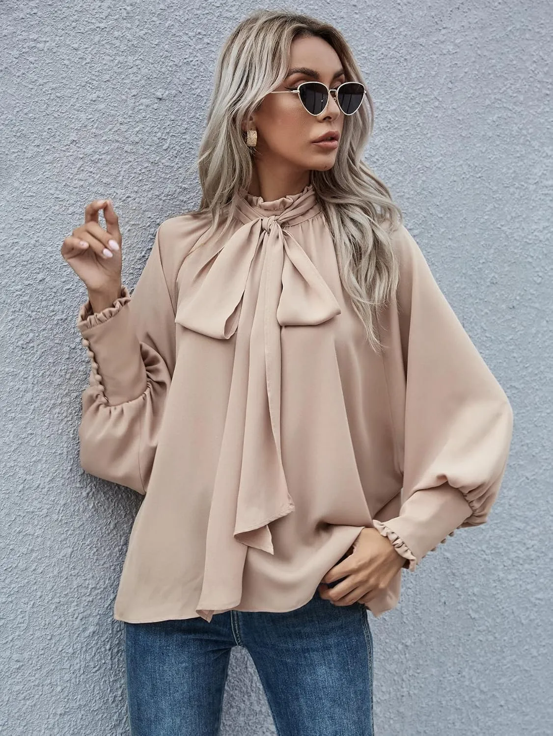 Women's Bow Tie Neck Chiffon Blouse Shirt Back Keyhole Casual Long Lantern Sleeve Mock Neck Solid Color Tops Tee