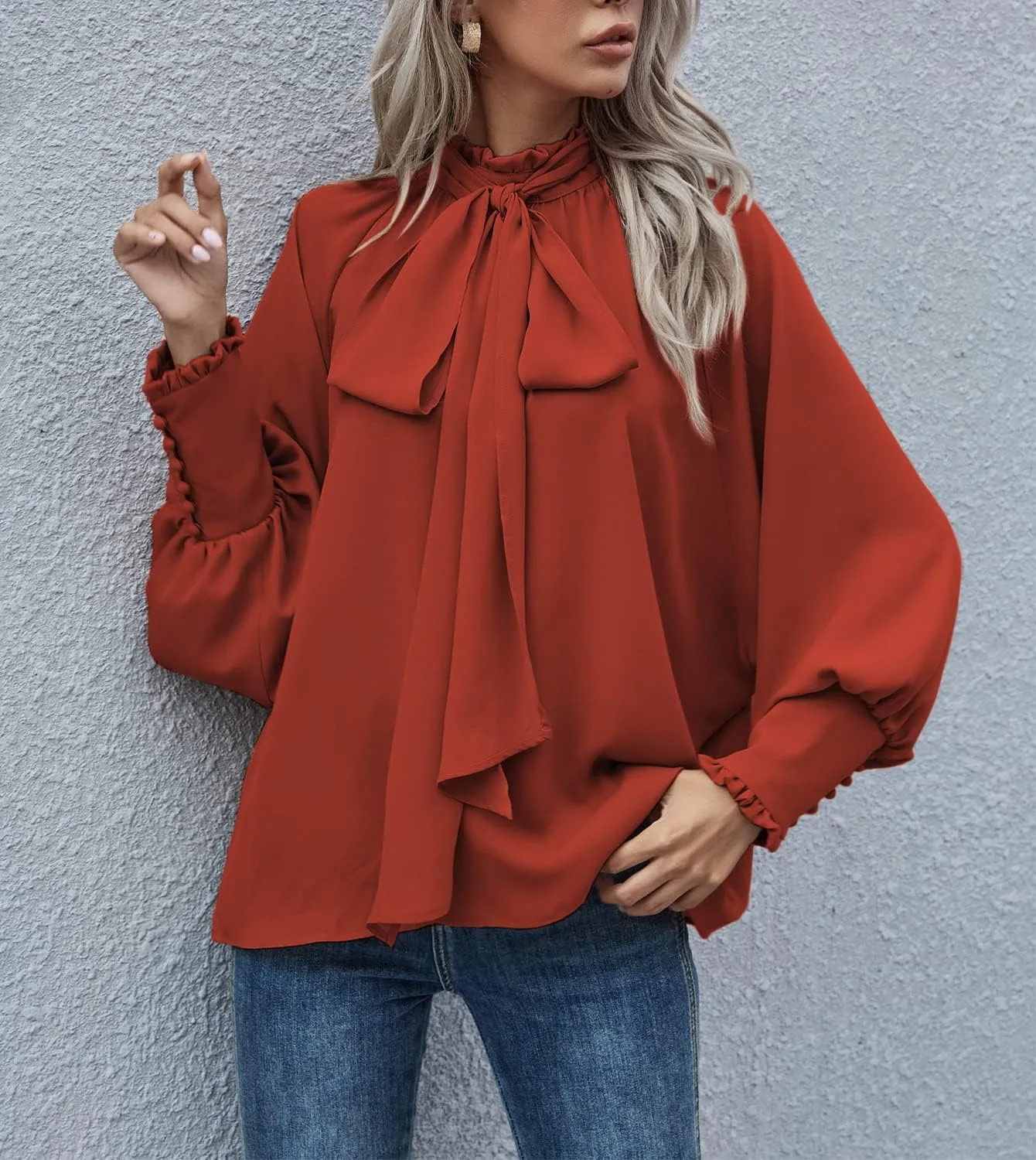 Women's Bow Tie Neck Chiffon Blouse Shirt Back Keyhole Casual Long Lantern Sleeve Mock Neck Solid Color Tops Tee
