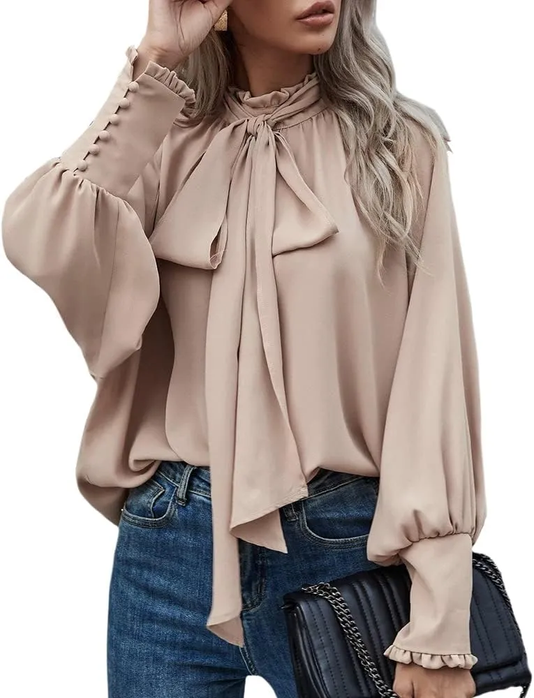 Women's Bow Tie Neck Chiffon Blouse Shirt Back Keyhole Casual Long Lantern Sleeve Mock Neck Solid Color Tops Tee