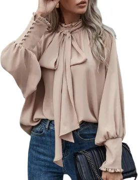 Women's Bow Tie Neck Chiffon Blouse Shirt Back Keyhole Casual Long Lantern Sleeve Mock Neck Solid Color Tops Tee