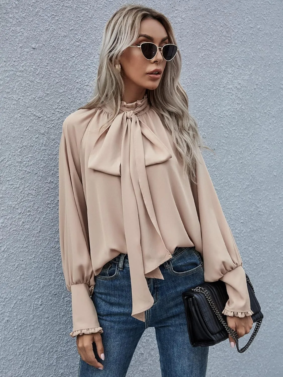 Women's Bow Tie Neck Chiffon Blouse Shirt Back Keyhole Casual Long Lantern Sleeve Mock Neck Solid Color Tops Tee